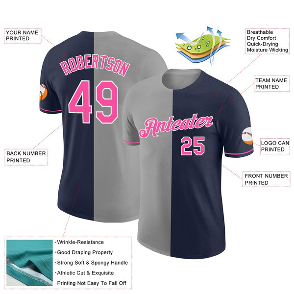 Custom Navy Pink-Gray Split Fashion Performance T-Shirt alternate