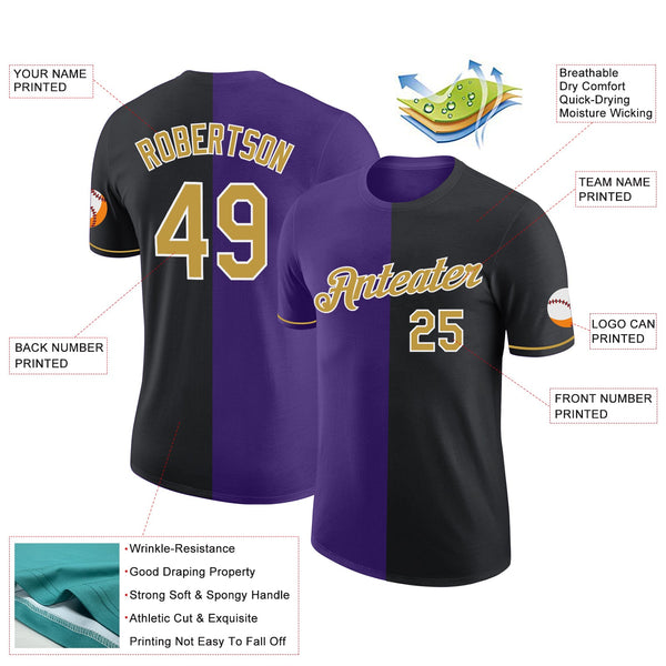Custom Black Old Gold-Purple Split Fashion Performance T-Shirt alternate