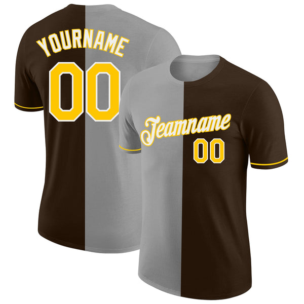 Custom Brown Yellow-Gray Split Fashion Performance T-Shirt