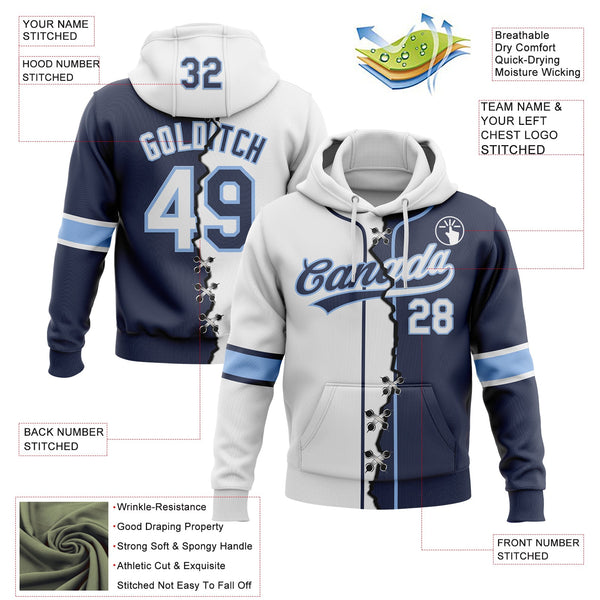 Custom Navy White-Light Blue Split Ripped Pattern Baseball Pullover Sweatshirt Hoodie alternate
