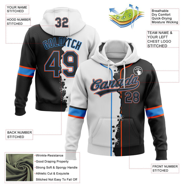 Custom White Black Powder Blue-Orange Split Ripped Pattern Baseball Pullover Sweatshirt Hoodie alternate