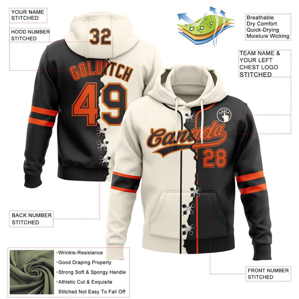 Custom Black Orange Old Gold-Cream Split Ripped Pattern Baseball Pullover Sweatshirt Hoodie alternate
