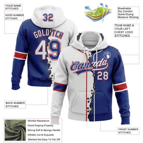 Custom Royal White-Red Split Ripped Pattern Baseball Pullover Sweatshirt Hoodie alternate