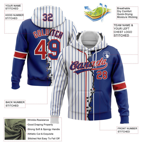 Custom Royal Red-White Pinstripe Split Ripped Pattern Baseball Pullover Sweatshirt Hoodie alternate
