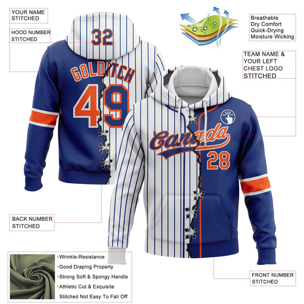 Custom Royal Orange-White Pinstripe Split Ripped Pattern Baseball Pullover Sweatshirt Hoodie alternate