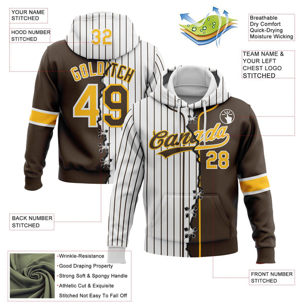 Custom Brown Gold-White Pinstripe Split Ripped Pattern Baseball Pullover Sweatshirt Hoodie alternate