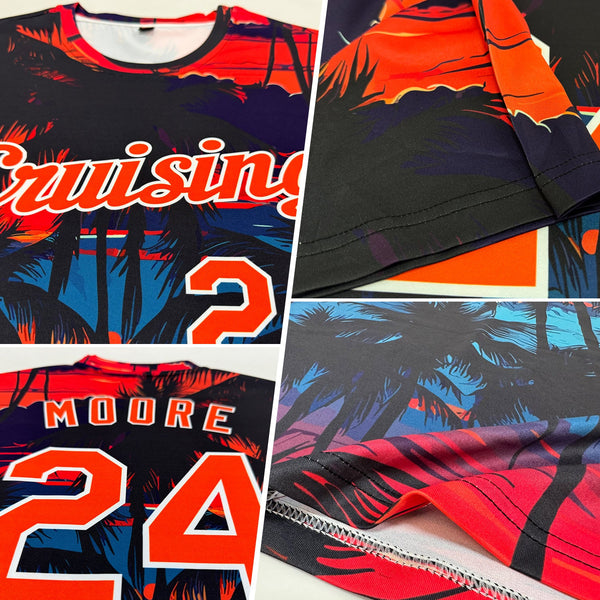 Custom Black Orange-White 3D Pattern Design Tropical Hawaii Palms Trees Performance T-Shirt alternate