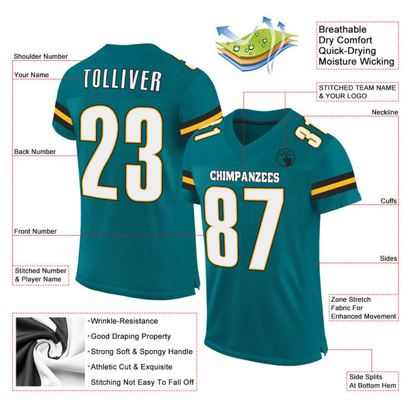 Custom Teal White-Gold Mesh Authentic Football Jersey alternate