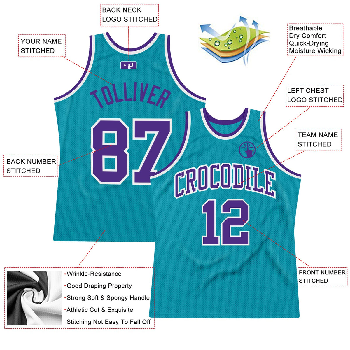 Custom Teal Purple-White Authentic Throwback Basketball Jersey - Back
