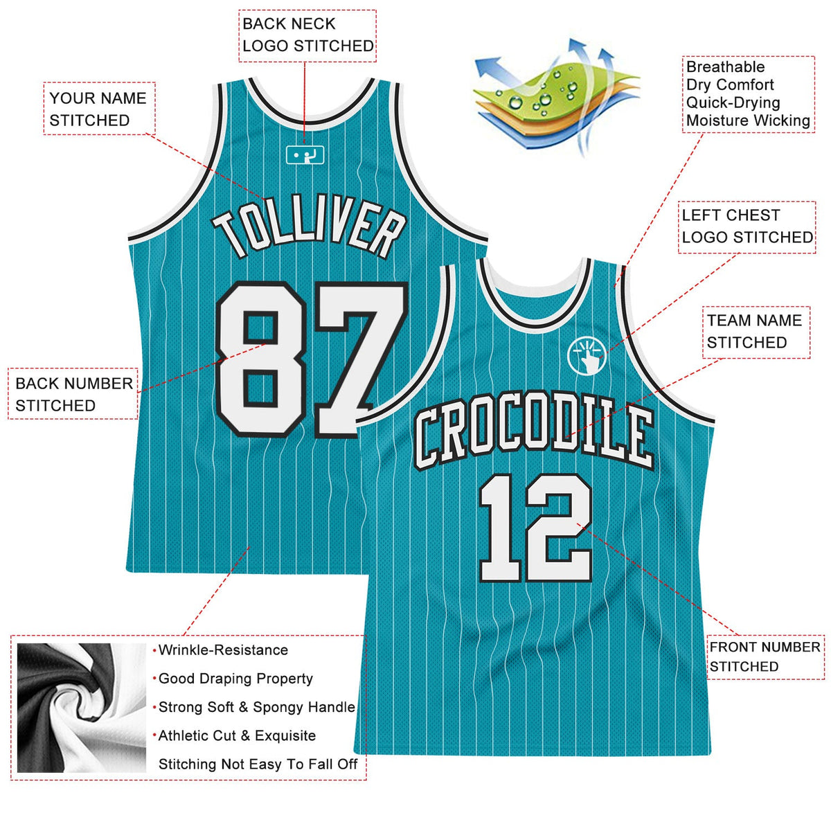 Custom Teal White Pinstripe White-Black Authentic Basketball Jersey - Back