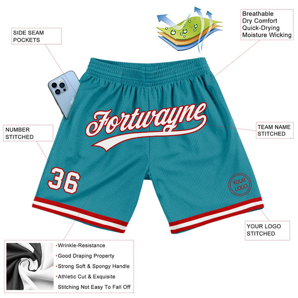 Custom Teal White-Red Authentic Throwback Basketball Shorts alternate