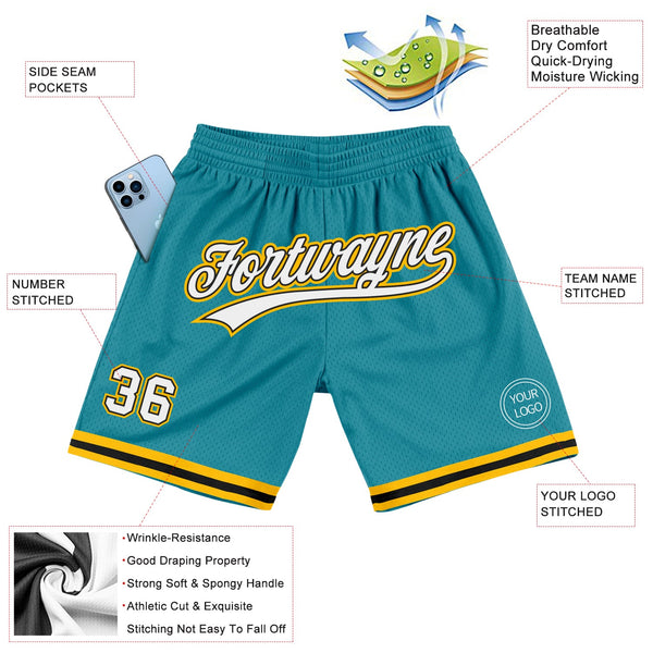 Custom Teal White Black-Gold Authentic Throwback Basketball Shorts alternate