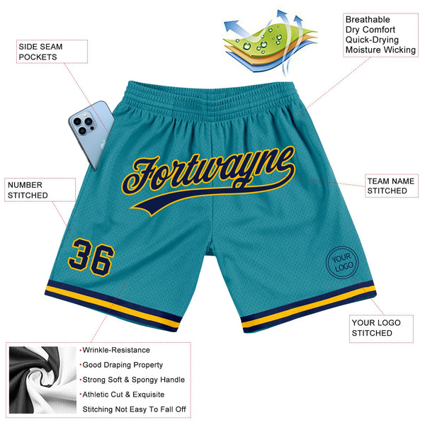 Custom Teal Navy-Gold Authentic Throwback Basketball Shorts alternate