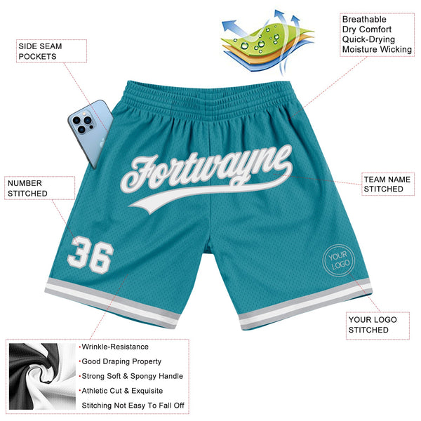 Custom Teal White-Gray Authentic Throwback Basketball Shorts alternate