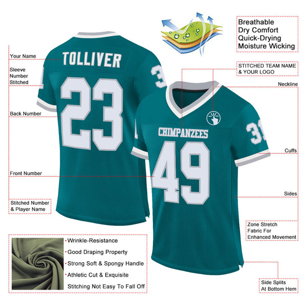 Custom Teal White-Gray Mesh Authentic Throwback Football Jersey alternate