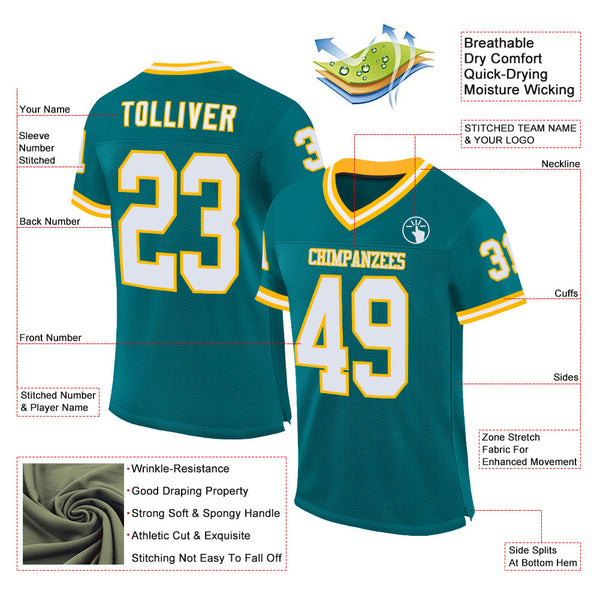 Custom Teal White-Gold Mesh Authentic Throwback Football Jersey alternate