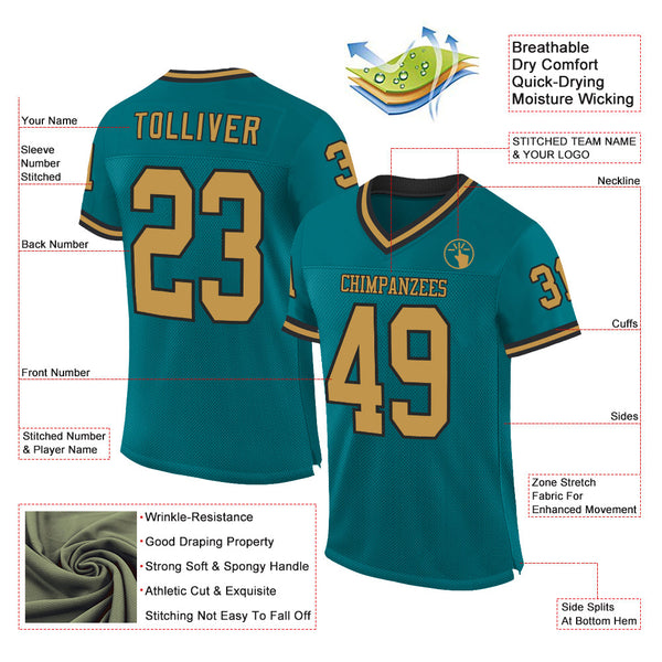Custom Teal Old Gold-Black Mesh Authentic Throwback Football Jersey alternate