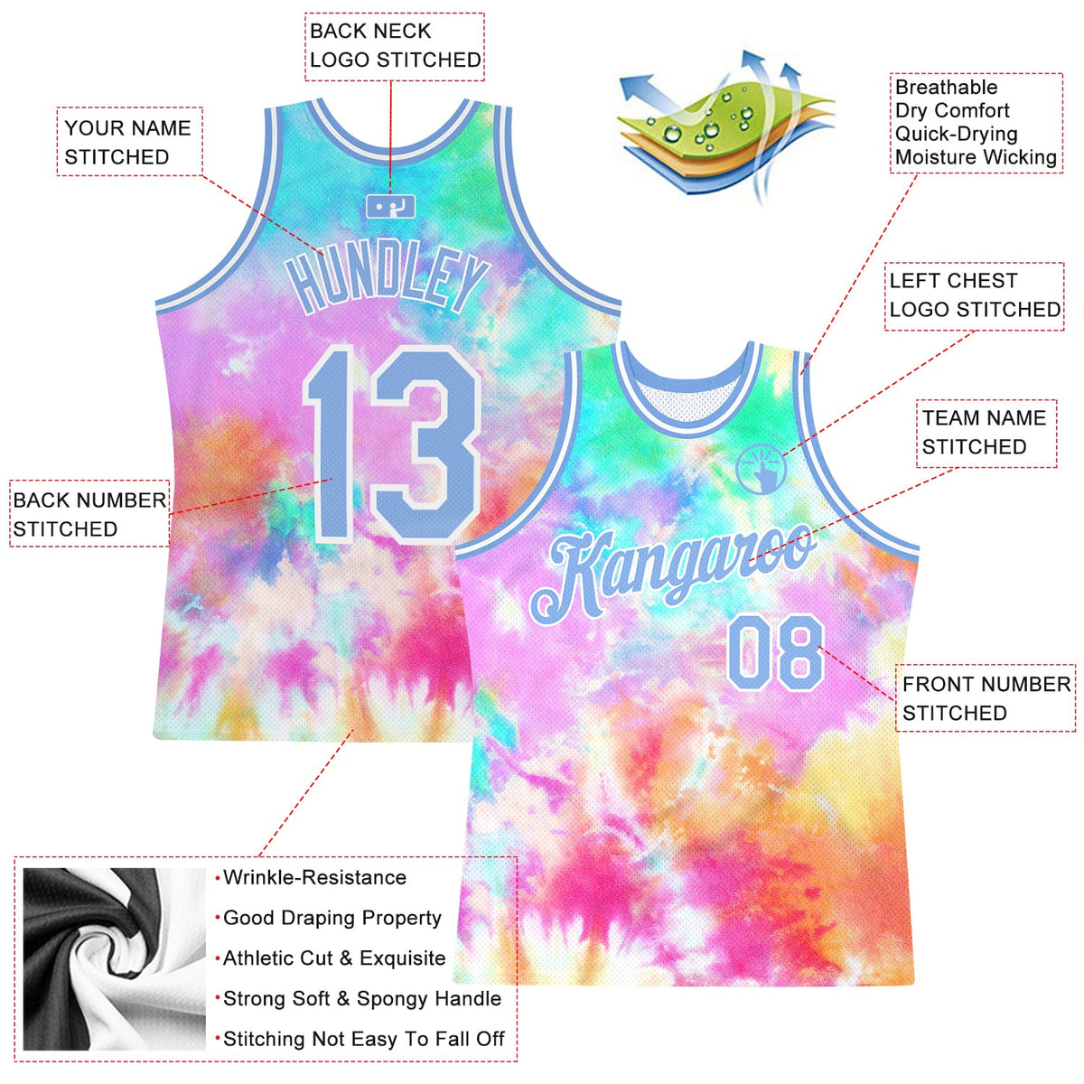 Custom Tie Dye Light Blue-White 3D Authentic Basketball Jersey - Back