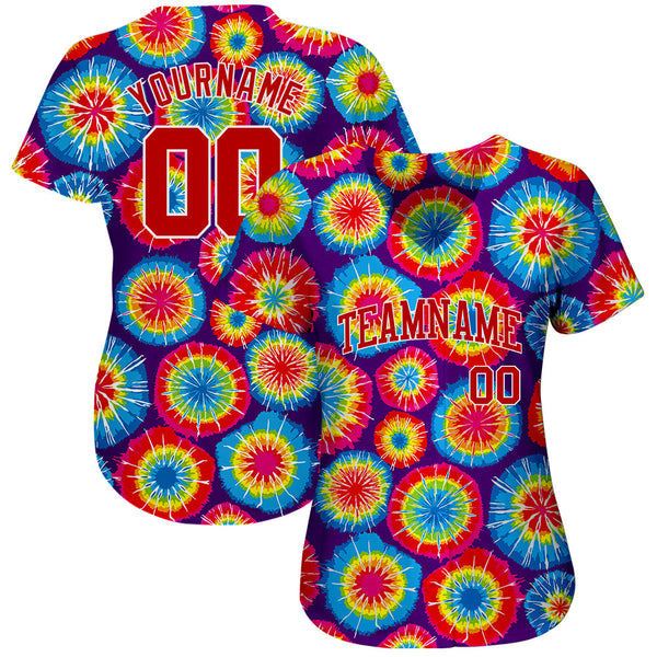 Custom Tie Dye Red-White 3D Authentic Baseball Jersey alternate