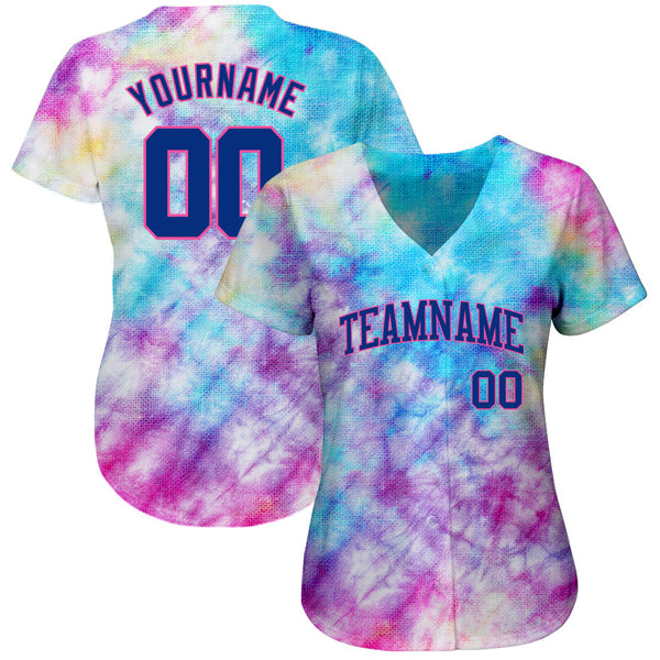Custom Tie Dye Royal-Pink 3D Authentic Baseball Jersey alternate