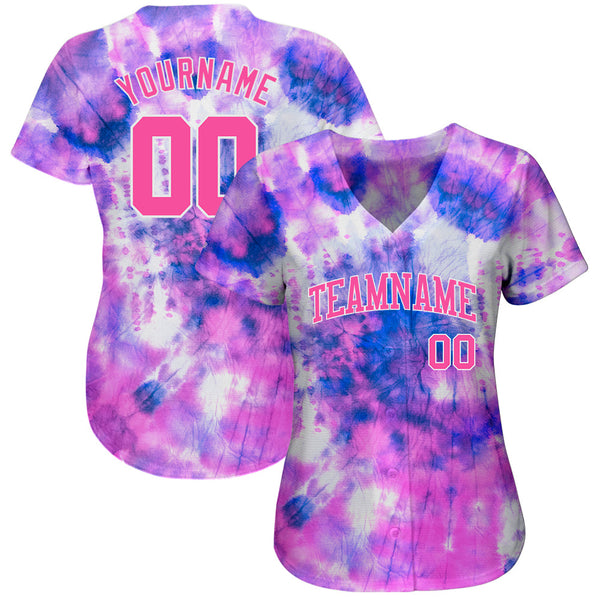 Custom Tie Dye Pink-White 3D Authentic Baseball Jersey alternate