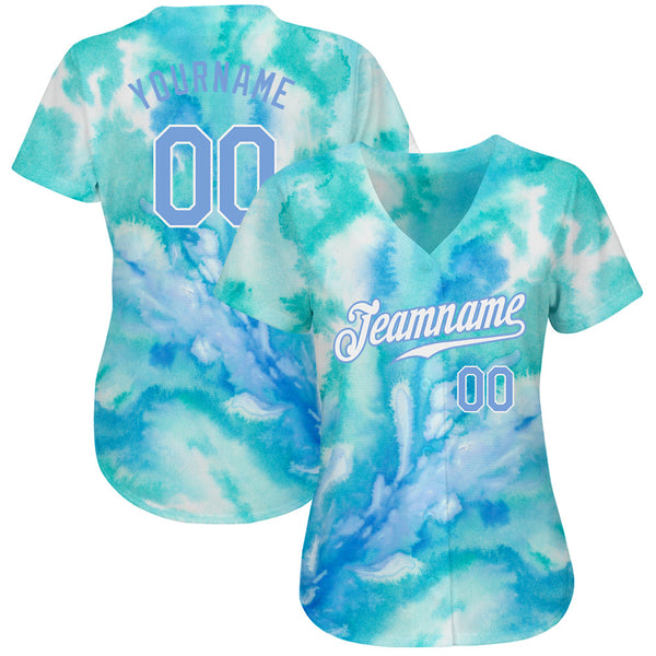 Custom Tie Dye Light Blue-White 3D Authentic Baseball Jersey alternate