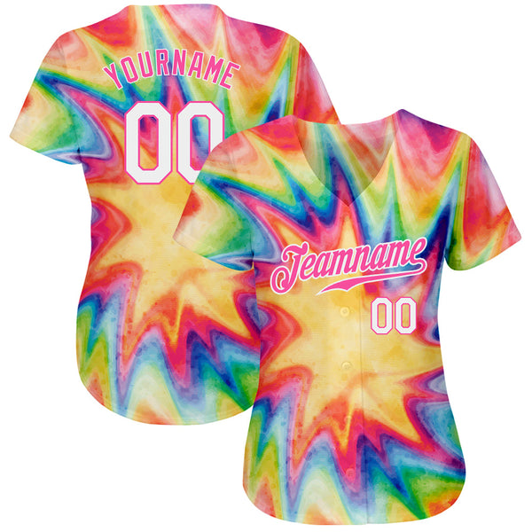 Custom Tie Dye White-Pink 3D Watercolor Rainbow Authentic Baseball Jersey alternate