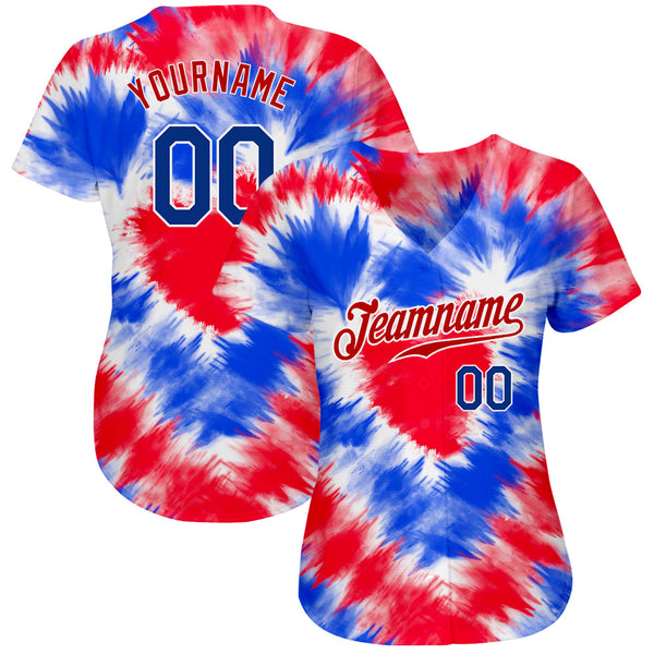 Custom Tie Dye Royal-Red 3D American Flag Authentic Baseball Jersey alternate