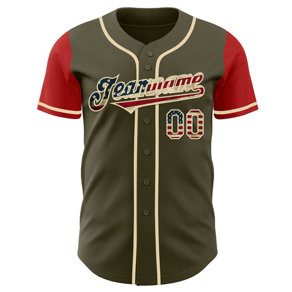 Custom Olive Vintage USA Flag Red-Cream Authentic Two Tone Salute To Service Baseball Jersey alternate