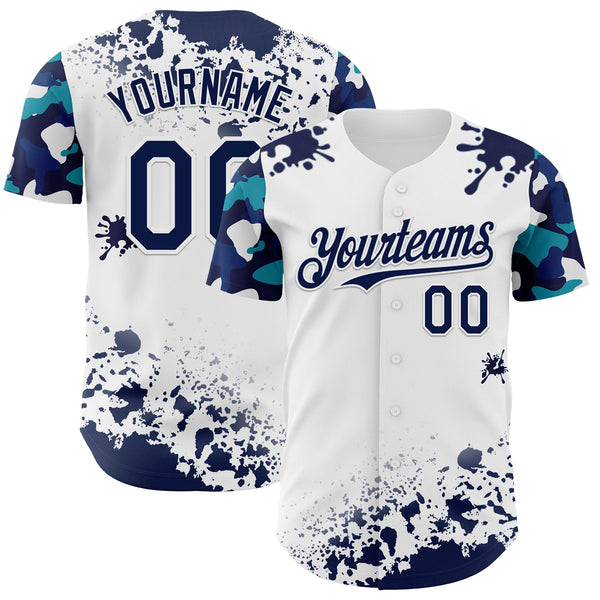 Custom White Navy-Teal Splatter Camo Two Tone Authentic Baseball Jersey