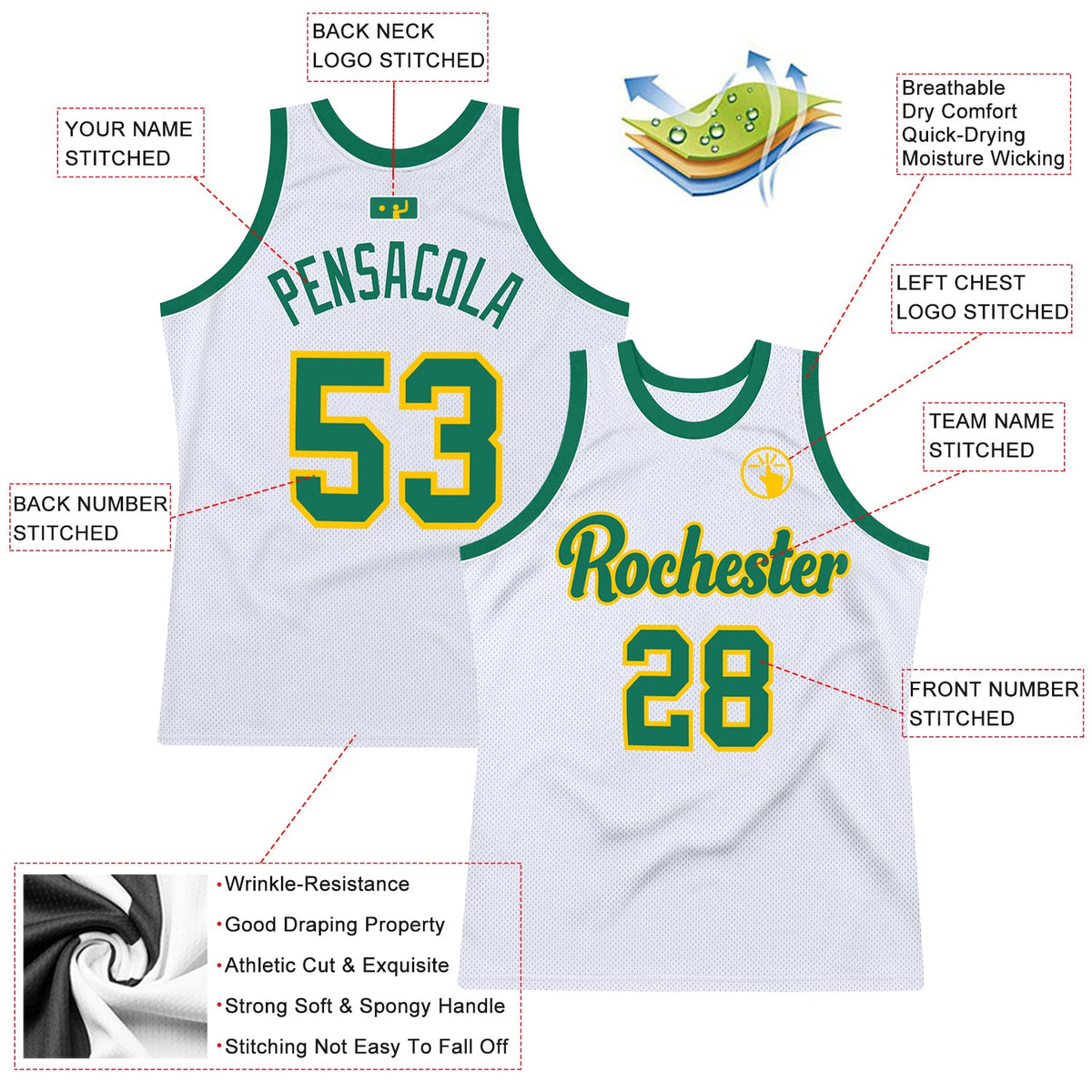 Custom White Kelly Green-Gold Authentic Throwback Basketball Jersey - Back