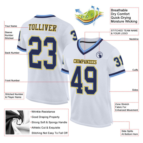 Custom White Navy-Light Blue Mesh Authentic Throwback Football Jersey alternate