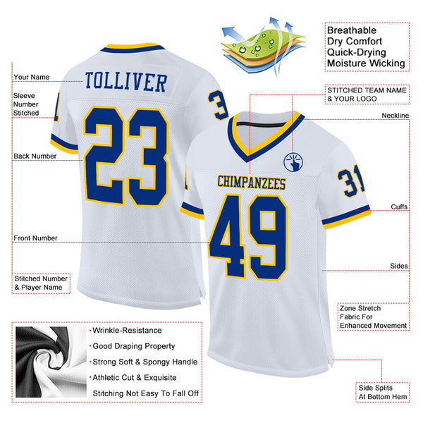 Custom White Royal-Gold Mesh Authentic Throwback Football Jersey alternate