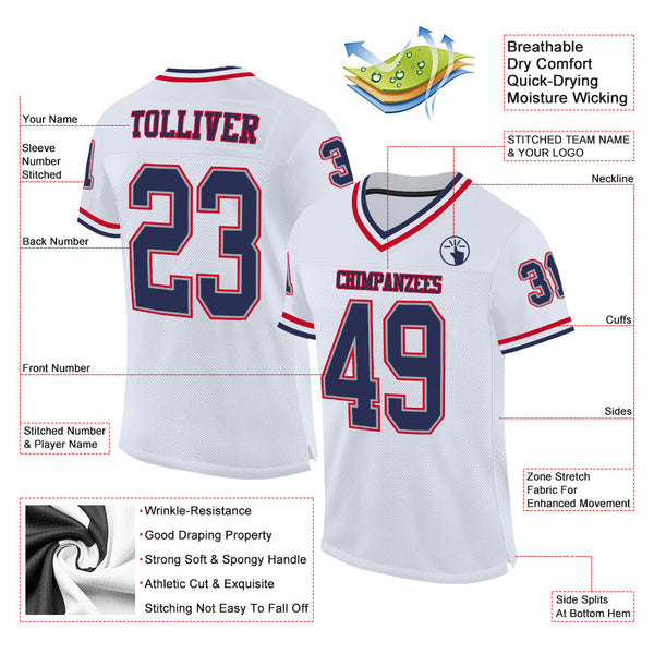 Custom White Navy-Red Mesh Authentic Throwback Football Jersey alternate