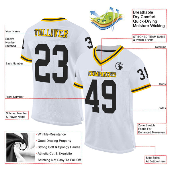 Custom White Black-Gold Mesh Authentic Throwback Football Jersey alternate