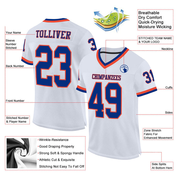 Custom White Royal-Orange Mesh Authentic Throwback Football Jersey alternate