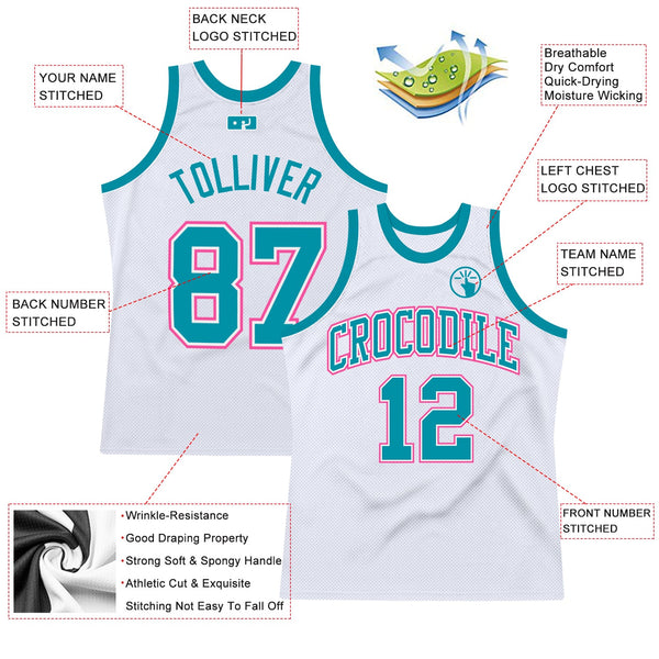 Custom White Teal-Pink Authentic Throwback Basketball Jersey alternate