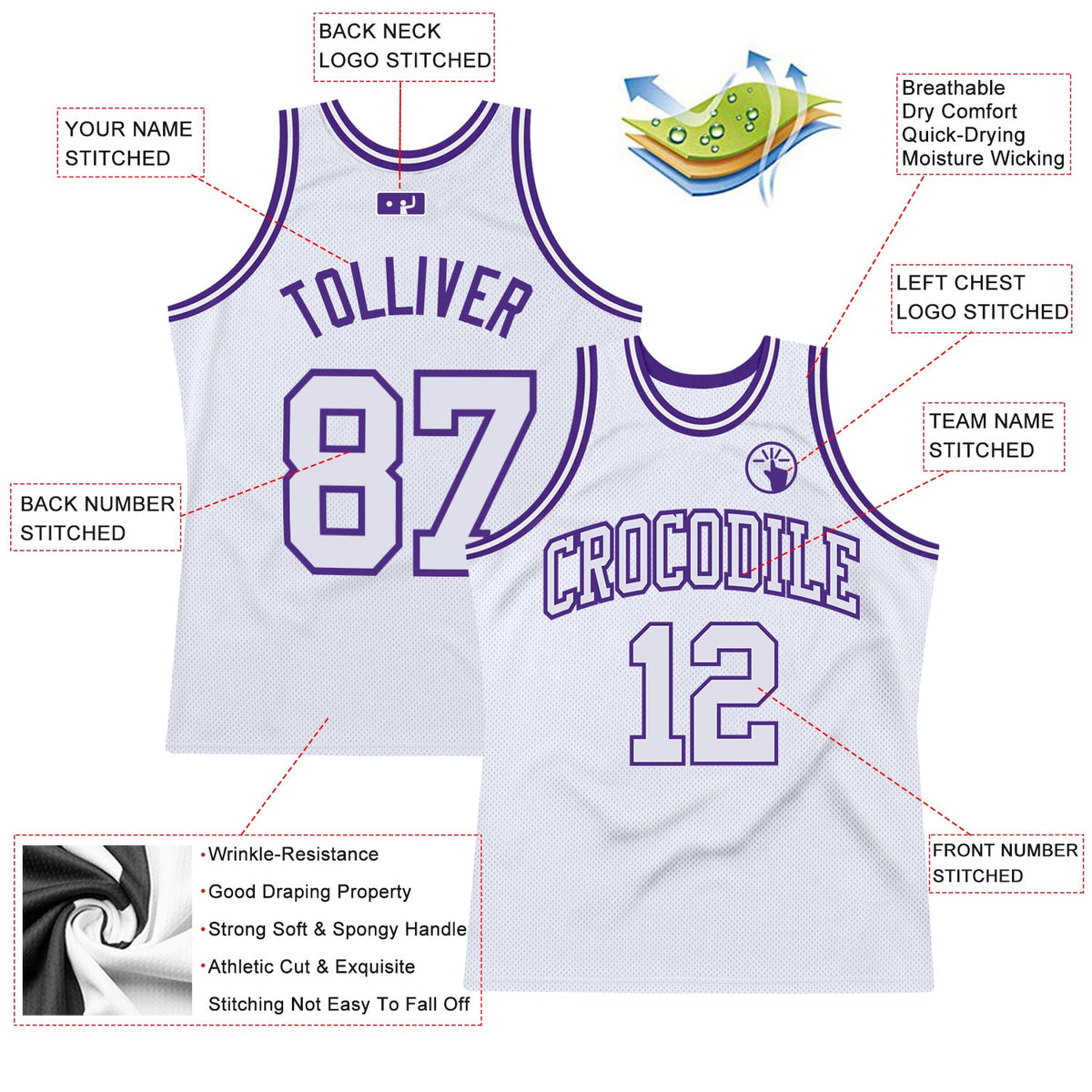Custom White White-Purple Authentic Throwback Basketball Jersey - Back