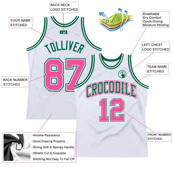 Custom White Pink-Kelly Green Authentic Throwback Basketball Jersey alternate