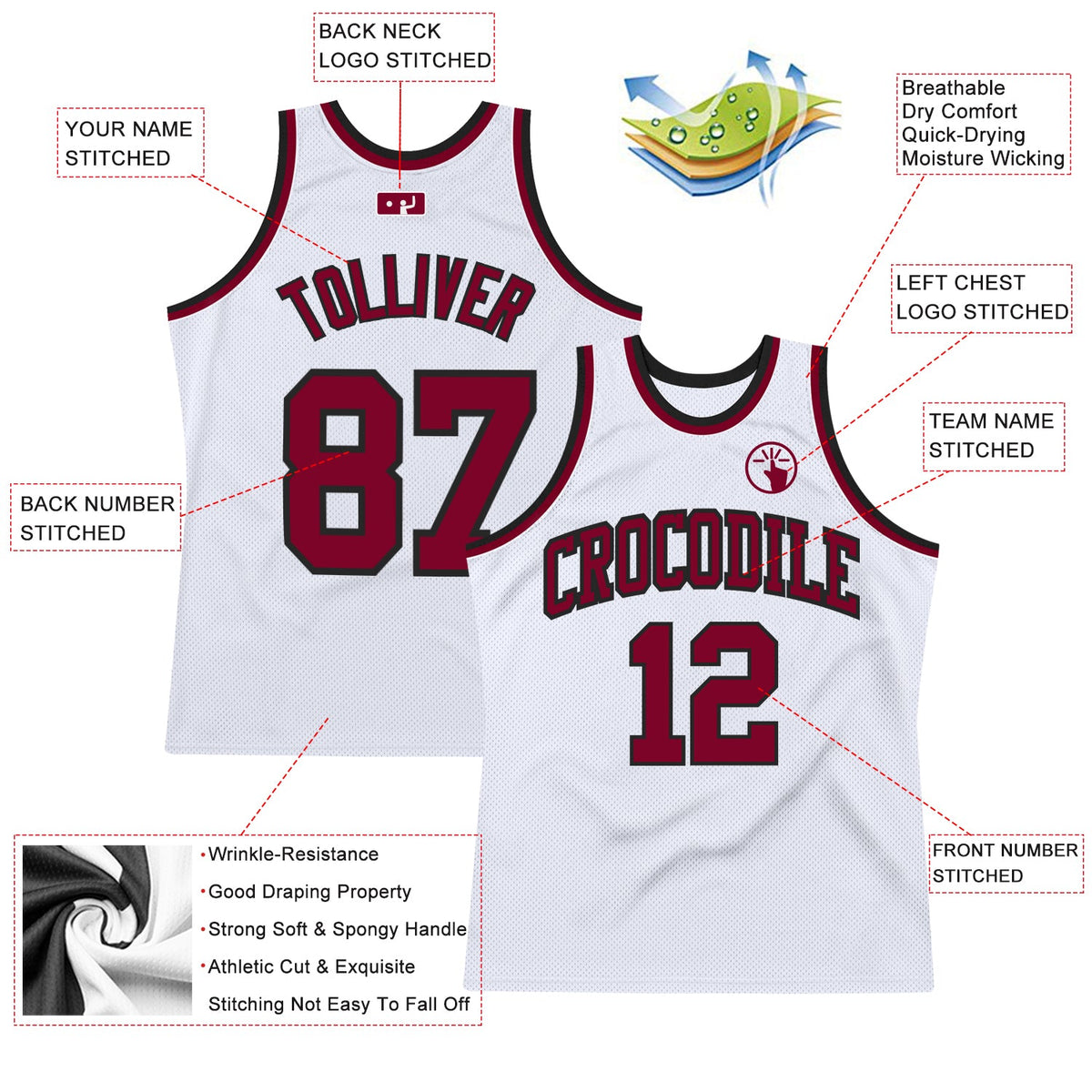 Custom White Maroon-Black Authentic Throwback Basketball Jersey - Back