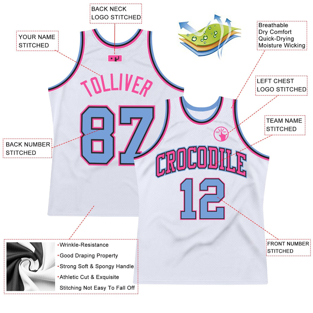 Custom White Light Blue-Pink Authentic Throwback Basketball Jersey - Back