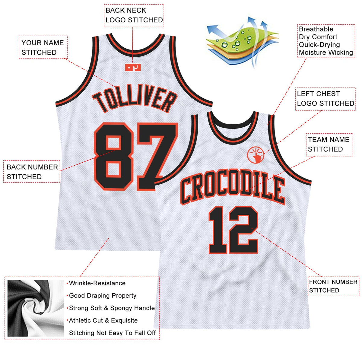Custom White Black-Orange Authentic Throwback Basketball Jersey - Back