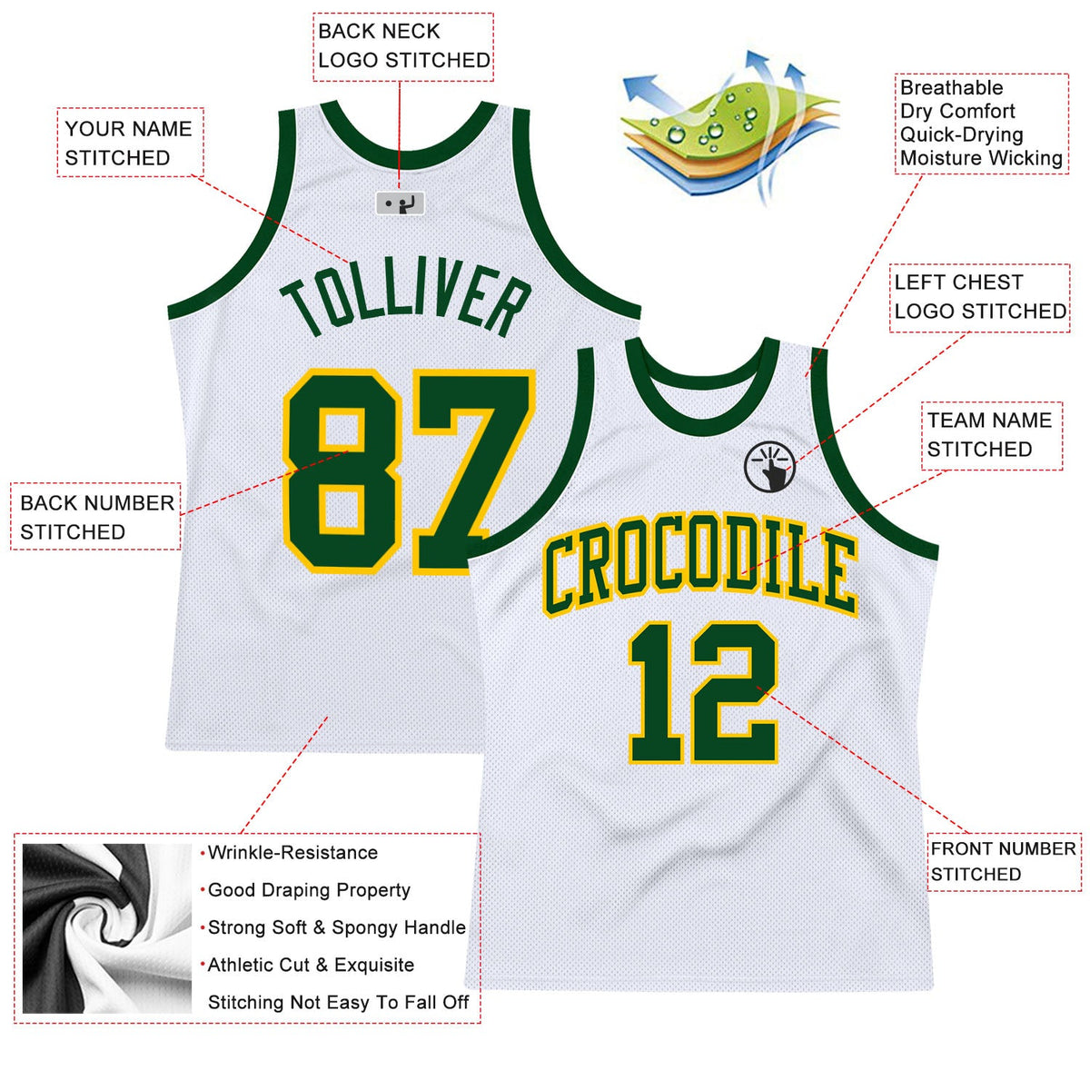 Custom White Green-Gold Authentic Throwback Basketball Jersey - Front