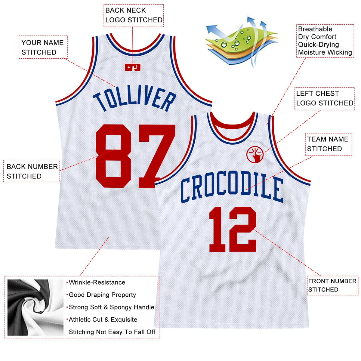 Custom White Red-Royal Authentic Throwback Basketball Jersey - Back