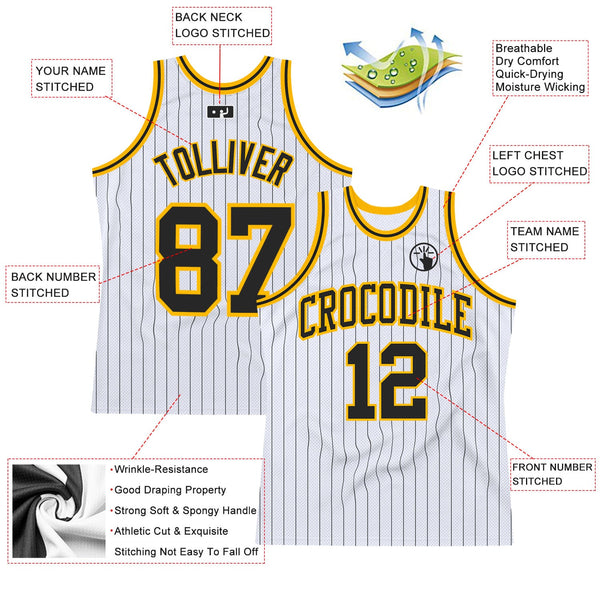 Custom White Black Pinstripe Black-Gold Authentic Basketball Jersey alternate