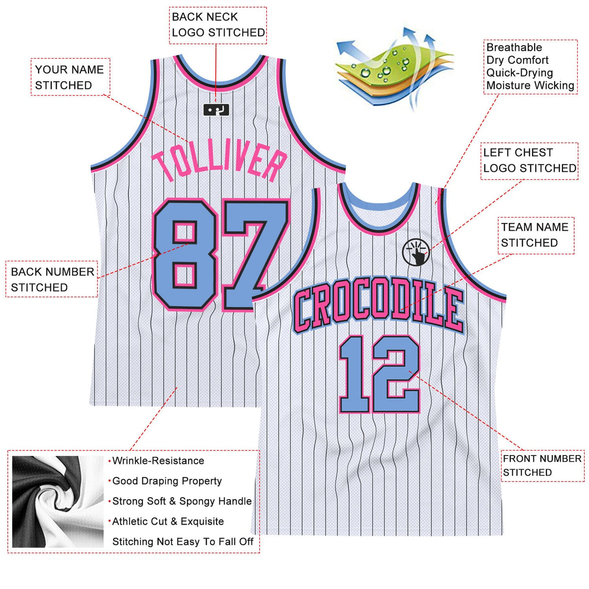 Custom White Black Pinstripe Light Blue-Pink Authentic Basketball Jersey - Back