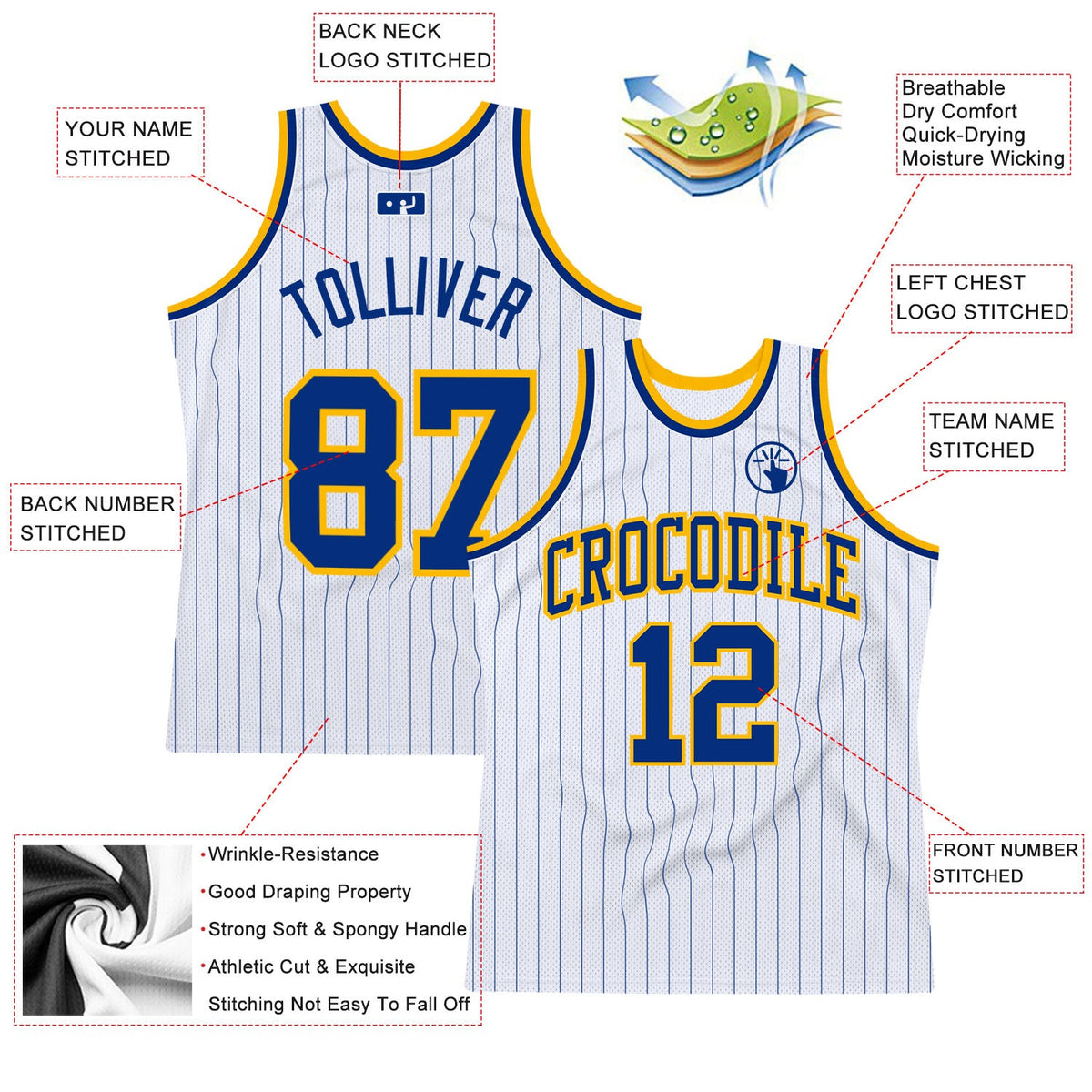 Custom White Royal Pinstripe Royal-Gold Authentic Basketball Jersey - Back