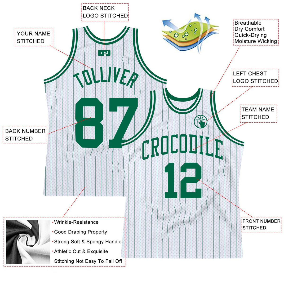 Custom White Kelly Green Pinstripe Kelly Green Authentic Basketball Jersey - Back