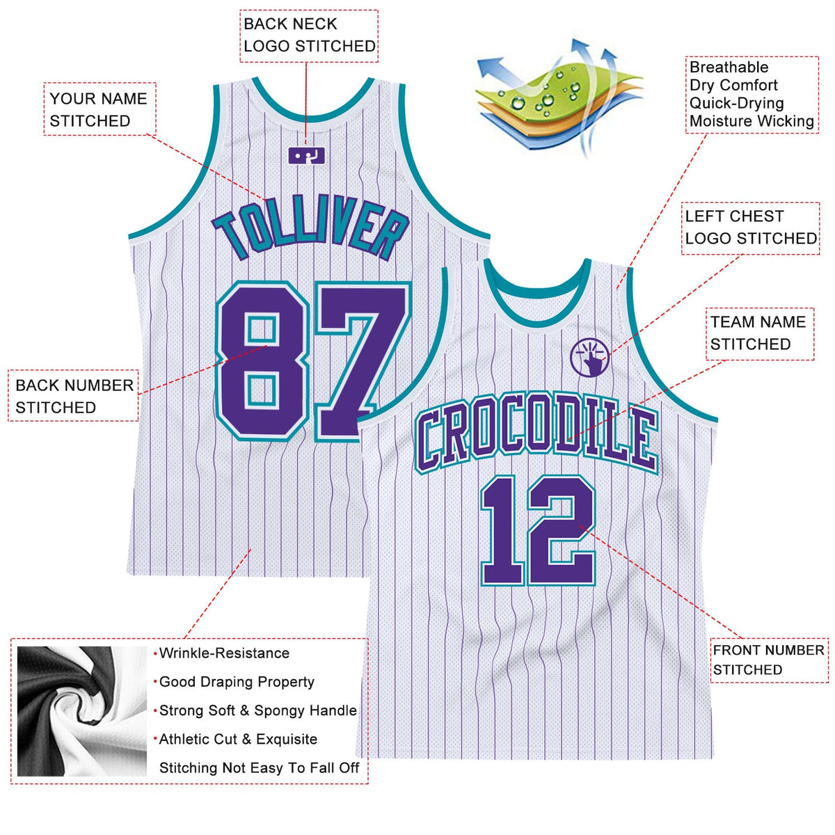 Custom White Purple Pinstripe Purple-Teal Authentic Basketball Jersey - Back