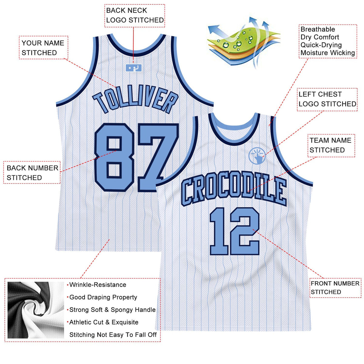 Custom White Light Blue Pinstripe Light Blue-Navy Authentic Basketball Jersey - Back